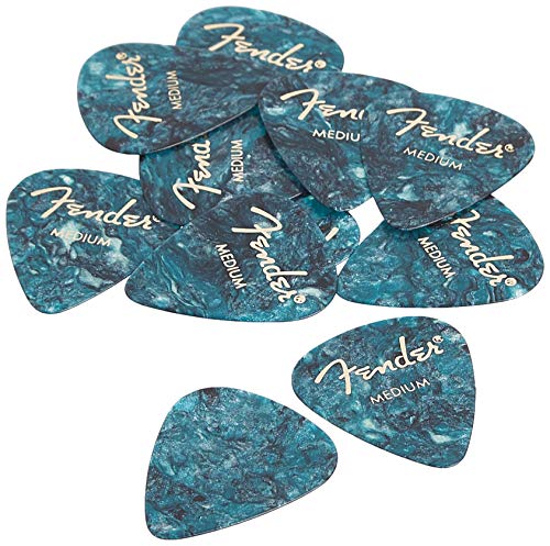 Fender 351, plettri classici in celluloide medi, confezione da 12, colore turchese oceano, per chitarra elettrica, chitarra acustica, mandolino e basso
