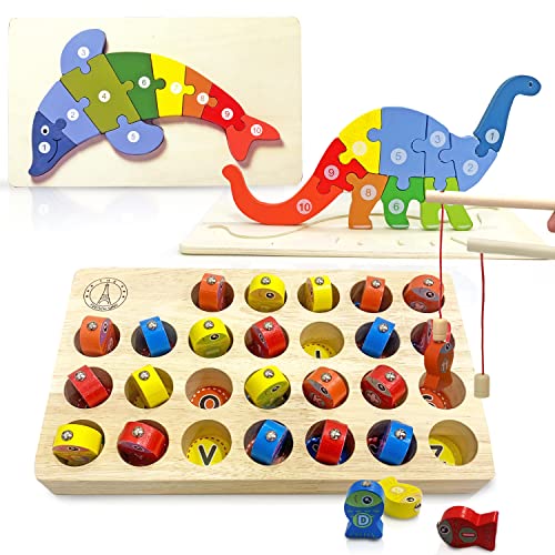 FrenchWay Pack di 3 Giochi in Legno Montessori Educativi – Gioco di Pesca Magnetico e 2 Grandi Puzzle – Per Imparare i Colori, i Numeri e le Lettere e Sviluppare la Motricità dei Bambini da 1 a 5 Anni