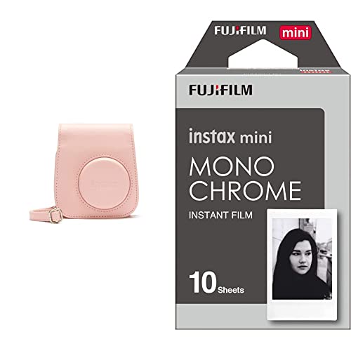 Fujifilm instax mini 11 Camera Case, Blush Pink & Film Pellicola Istantanea per Fotocamere Mono Chrome, Formato 46x62 mm, Confezione da 10 Foto