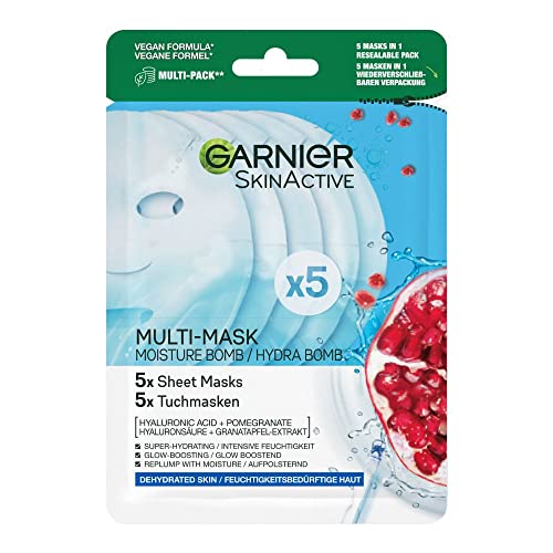 GARNIER Kit 5 Maschere In Tessuto Skin Active Hydra Bomb, Formula Idratante Ed Energizzante Per Pelli Da Dissetare, Melograno, Confezione Richiudibile, Bianco