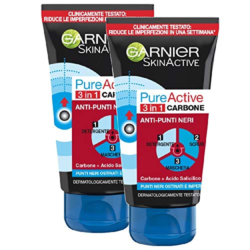 Garnier SkinActive, Trattamento anti punti neri 3 in 1 Carbone PureActive, Pelli grasse e punti neri ostinati, Confezione da 2