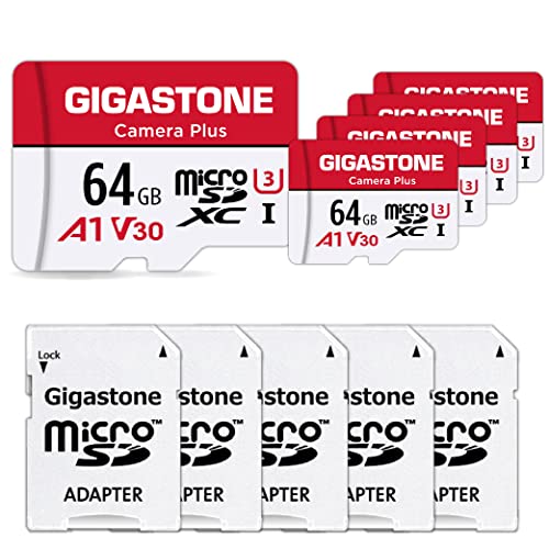 Gigastone Micro SD 64 GB, Camera Plus Serie, Set da 5, A1 U1 C10 UHS-1, Per GoPro Fotocamera Videocamera, Velocità Fino a 95 35 MB Sec(R W), con Adattatore Scheda SD