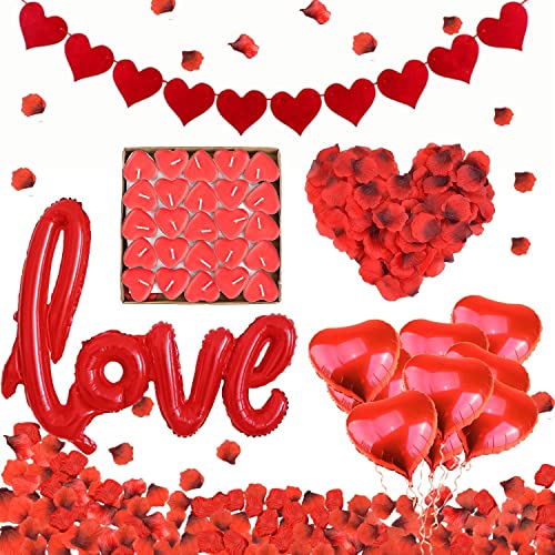 Gohytal Romantico Decorazioni,1000 Petali di Rosa Rossa+1 “LOVE” Palloncini+50 Candela Cuore Rosso+10 Cuore Rosso Palloncino Decorazioni Ideale per valentine Matrimoni Anniversari San Valentine