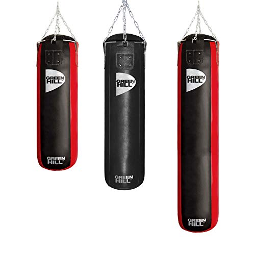 GREEN HILL Sacco da Boxe Vera Pelle Pugilato Pieno Boxing Punching Bag Saccone (150cm x 35cm x 50kg, Nero Rosso)