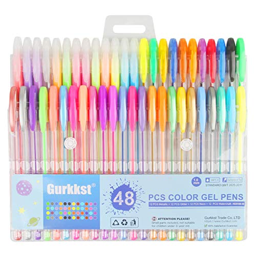 Gurkkst 48 Penne Gel 1 mm Diametro Colorate per Adulti e Bambini da Colorare, Disegnare e Scrivere (12 Metallico + 12 Glitterato + 12 Neon + 12 Pastello)