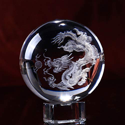 HDCRYSTALGIFTS, Fermacarte a forma di sfera di cristallo con incisione 3D con drago cinese, con supporto in vetro, 60 mm