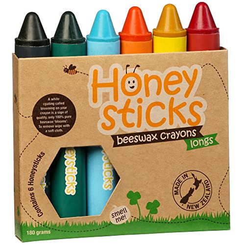 Honeysticks - Pastelli in 100% pura cera d’api (confezione da 6 pezzi, extra lunghi). Naturali, atossici e sicuri per tutti i bambini, da 1 anno in su. Fatti a mano in Nuova Zelanda.
