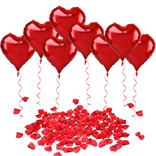 HOWAF 30 Pezzi Grande Palloncini Forma di Cuore Foil Air Balloons e Ribbon, 1000 Pezzi Rosso Seta Petali di Rosa per Matrimoni, Anniversari, San Valentino Decorazioni e Regalo per Lui o lei