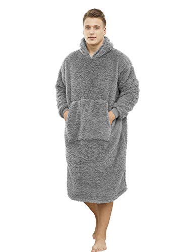 ililmmoe Coperta oversize Sherpa indossabile con cappuccio per donne e uomini lunga e confortevole coperta sherpa Shaggy Pullover peluche calda coperta accogliente taglia-Grigio