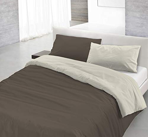 Italian Bed Linen Natural Color Parure Copripiumino con Sacco e Federe, 100% Cotone, Marrone Panna, Matrimoniale, 3 unità