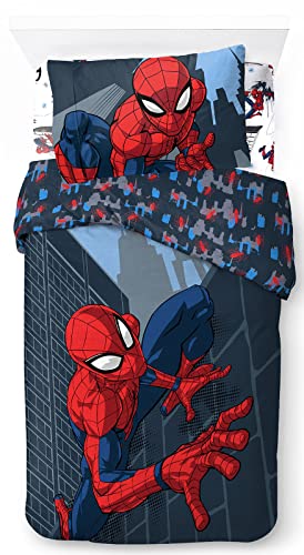 Jay Franco Marvel Spiderman City Streets - Set di Biancheria da Letto in 3 Pezzi, 100% Cotone, 135 x 200 cm, per Letto Singolo, Copripiumino + Lenzuolo con Angoli 90 x 200 cm + Federa 50 x 70 cm