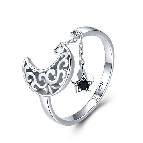 Jewelgift, Anello regolabile da donna in argento Sterling 925, con luna e pendente a forma di stella con catenina e pietra di zirconia cubica di colore nero