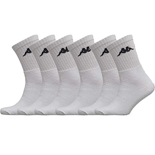 Kappa – Set di 6 paia di calzini da uomo bianchi, grigie o nere, in cotone, calzini sportivi da uomo, per corsa, camminata, calcio, basket, multisport bianco 43-46