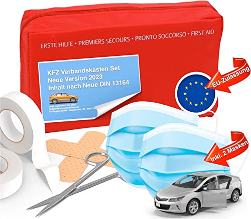 Kit pronto soccorso per auto - nuovo standard 2022 per testato TÜV - certificato DIN 13164 - Kit kit pronto soccorso per auto STVO e 2 maschere