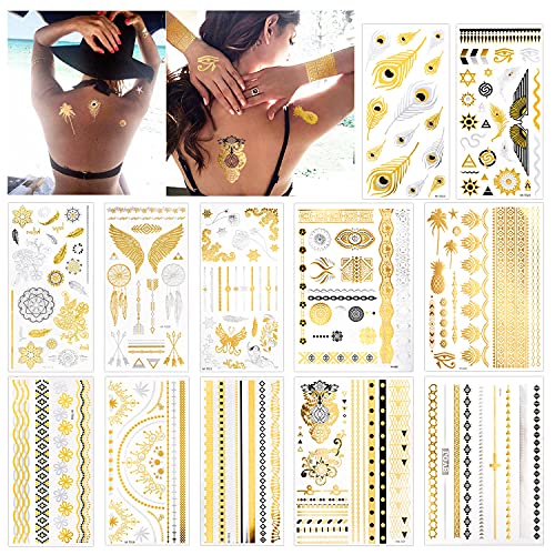 Konsait 12 Fogli Metallico Tatuaggio Temporaneo, 150+ Modelli impermeabile tatuaggi oro Tattoo Adesivi Tatuaggi Temporanei per adulti Donne, Frecce Piume Braccialetti da Polso e Bracciali
