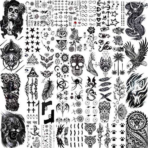 LAROI 50 Fogli Nero Tatuaggi Temporanei Adulti Uomo Donna Aquila Maori Drago Piccoli Tatuaggi Temporanei Collo Braccio Viso Coscia Autoadesivo Del Tatuaggio Bambini Halloween Tatuaggi Finti Lupo Leone