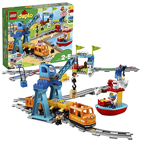 LEGO 10875 DUPLO Il Grande Treno Merci, Set Push & Go, Luci e Suoni, Costruzioni Creative, Gru Giocattolo, Giochi per Bambini 2 ai 5 Anni, Idee Regalo