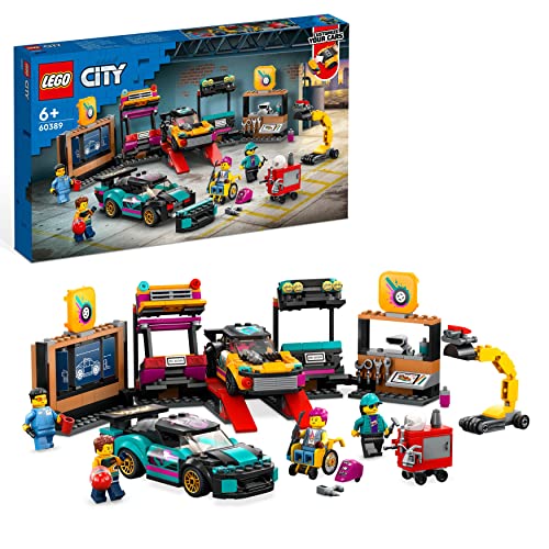 LEGO 60389 City Garage Auto Personalizzato, Set con 2 Macchine Giocattolo Personalizzabili, Officina e 4 Minifigure, Idea Regalo per Bambini e Bambine