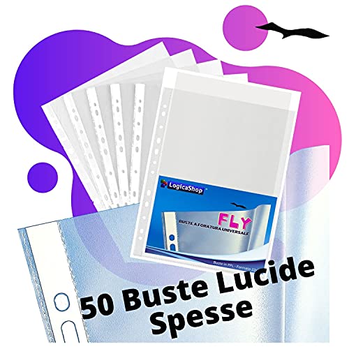LogicaShop  Fly Buste Trasparenti Anelli A4, Cartelline di Plastica con fori per Raccoglitore (Lucide, 50 Pezzi)