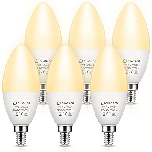LOHAS E14 Lampadine LED, E14 LED Candela, 7W Equivalenti a 60W, Bianco Caldo 3000K, 600 Lumens,Non Dimmerabile, Fascio Luminoso 180°, Risparmio Energetico, 6 Pezzi