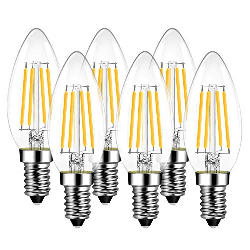 LVWIT Lampadine Filamento a LED E14, C35, 4W Equivalenti a 40W, 470LM, Luce Bianca Fredda 6500K, Forma a Candela, Vetro Vintage LED, Risparmio Energetico, non Dimmerabile, Confezione da 6 Pezzi