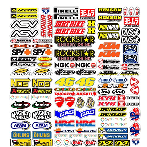 MAS DI VITALE MARIA ditta individuale Adesivi Moto Sponsor 113 Pz Sticker Motocross Grafiche Bici MTB Computer Motorino Kit Modellismo Vinile Lucido Marche Famose Pack (73X67 CM)