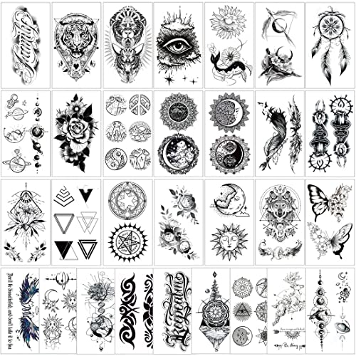 MenYiYDS 30 fogli Tatuaggi temporanei impermeabili minuscoli,Uomini e donne 3D Realistico Tatuaggi costellazioni di stelle di luna Bussola musicale Linee di ancoraggio Linee di parole Fiori