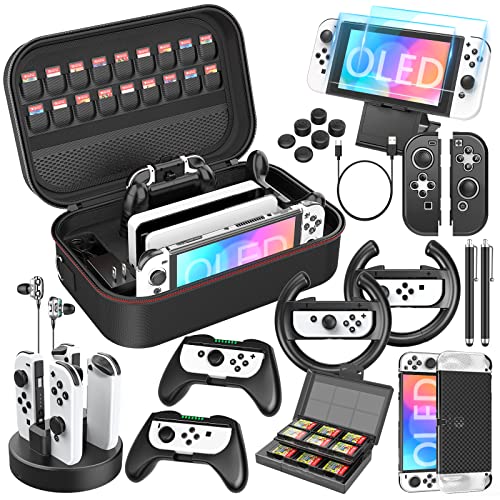 Mooroer Switch OLED Accessori per Nintendo Switch OLED,27 in 1 Bundle Set con Custodia Switch OLED,Cover Switch OLED, Pellicola Protettiva in Vetro,Grip Charger,Game Storage per Nintendo Switch OLED