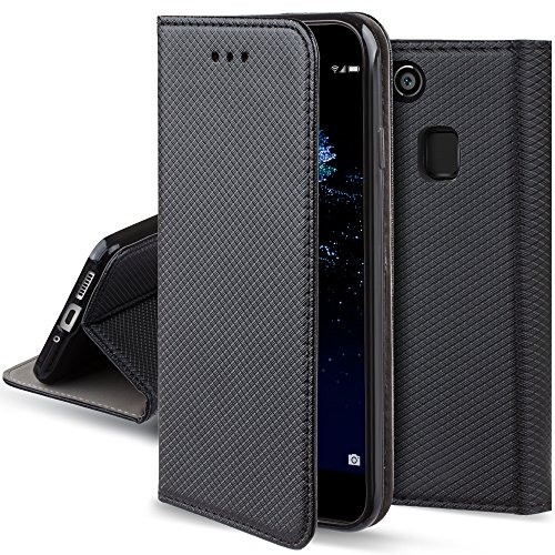Moozy Cover per Huawei P10 Lite, Nero - Custodia a Libro Flip Smart...