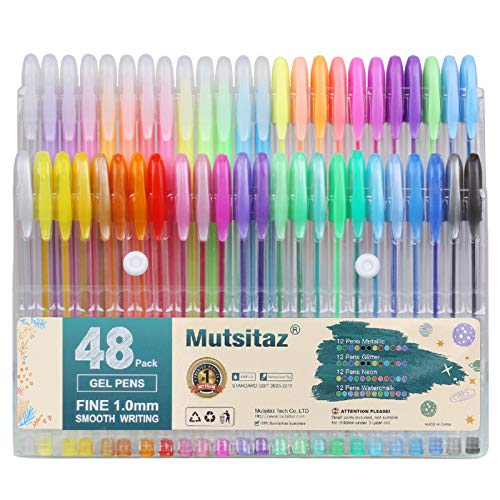 Mutsitaz Set di 48 Glitterate Penne Gel Colorate per per Scrittura,Colorare o Manga, Disegnare (12 Metallico + 12 Glitterato + 12 Neon + 12 Pastello)