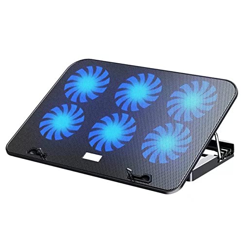 NK Base di raffreddamento per laptop - Ventilatore per computer portatile con 5 supporti regolabili in altezza, 6 ventole silenziose, 2 porte USB, raffreddamento rapido, luce LED blu - Colore nero