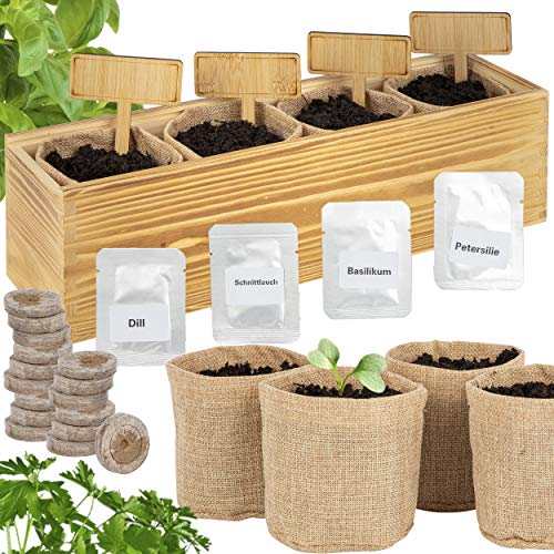 ONVAYA Set per coltivazione di erbe aromatiche con scatola di legno | Kit di coltivazione | Set da giardino di erbe aromatiche con semi di basilico, erba cipollina, prezzemolo e aneto