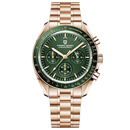 PAGANI DESIGN 1701 orologio da uomo al quarzo casual orologio automatico in acciaio inossidabile 100M orologio cronografo resistente all acqua con specchio con zaffiro (Gold Green)