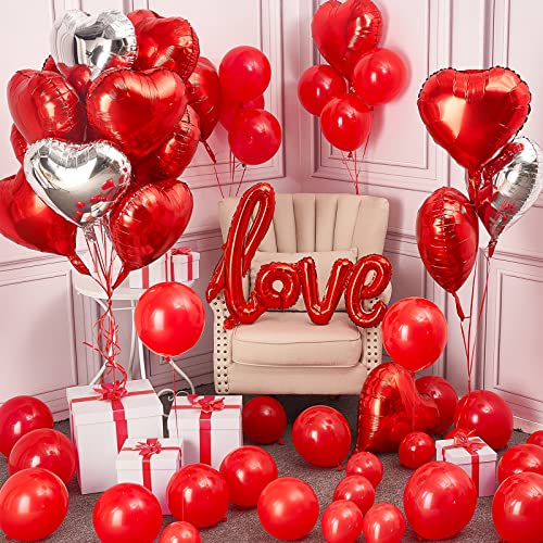 PartyWoo Palloncini San Valentino, 50 pezzi San Valentino Decorazioni, Love Palloncini, Cuori San Valentino Palloncini, Nastri rossi