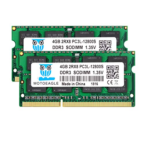 PC3L-12800S 8GB Kit (2x4GB) DDR3L 1600 SODIMM RAM, 4GB DDR3 1600MHz 2Rx8 PC3 12800S Non-ECC 1.35V CL11 204-Pin Memoria Laptop