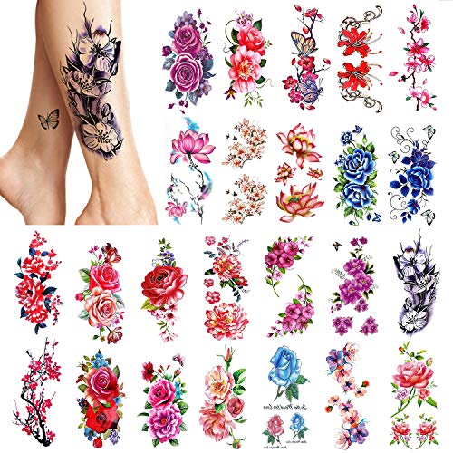 PHOGARY 24 pezzi Tatuaggi Temporanei per Donne (Fiori grandi), Adesivi per Tatuaggi Finti Colorati Luminosi, Body art Impermeabile per Ragazze Braccia Gambe Spalle