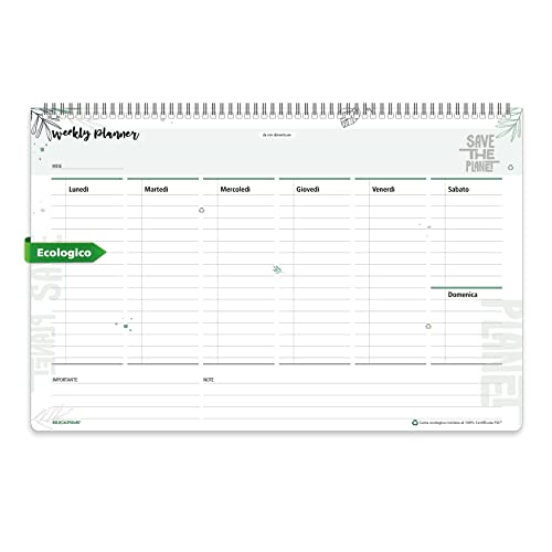 Planning Settimanale da Tavolo Green SPIRALATO Perpetuo senza date - In Carta ECOLOGICA 100% - Planner Agenda Appuntamenti con Note (21x32)