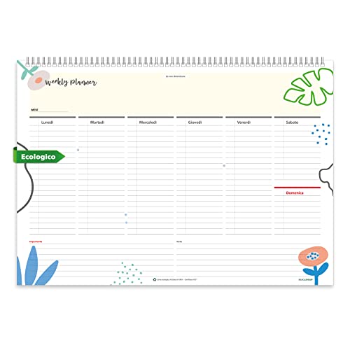 Planning Settimanale da Tavolo SPIRALATO Perpetuo FLOWERS - In Carta ECOLOGICA 100% - Planner Agenda Appuntamenti con Note (42x30)