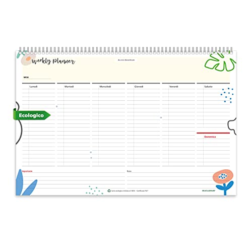 Planning Settimanale da Tavolo SPIRALATO Perpetuo FLOWERS - In Carta ECOLOGICA 100% - Planner Agenda Appuntamenti con Note (32x21)