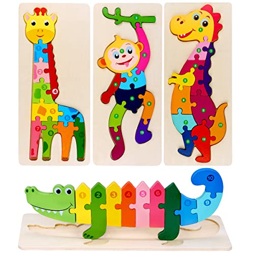 Puzzle in Legno per Bambini,Giocattoli Animali da Puzzle, 4 Pezzi 3D Prescolare Educativo Giocattoli Montessori Giochi Set, Regalo per 3 4 5+ Anni Bambina Bimbo Ragazza Ragazzo