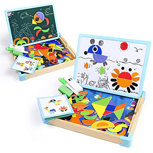 Puzzle Magnetico Gioco Legno-Doppio Lato Lavagna Magnetica per Bambini,125 Pezzi Tangram Puzzle Animali Magneti Regali Giochi Educativi Bambini Bambina 3 4 5 6 Anni