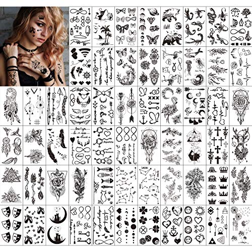 Qpout Tatuaggi temporanei per adulti Donna Uomo Bambini (60 fogli), Tatuaggi neri impermeabili Tribal Face Braccio manica Collo Polso Tatuaggi Fiore di totem Farfalla Piuma di squalo