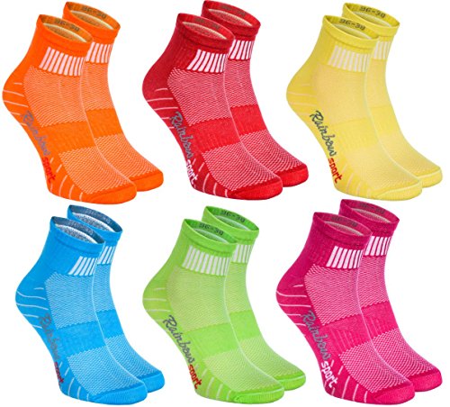 Rainbow Socks - Donna Uomo Colorate Calze Sportivi di Cotone - 6 Paia - Arancione Rosso Giallo Verde Mer Verde - Taglia 42-43