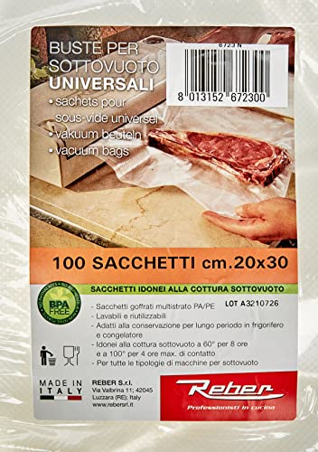 Reber Sacchetti Goffrati 6723N per sottovuoto, 20x30cm, filtro anti-UV, 100pz, trasparente