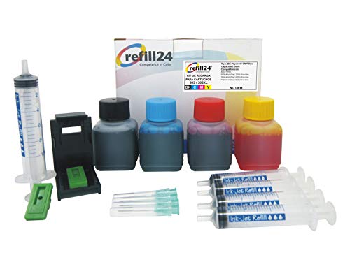 refill24 Kit di ricarica per cartucce d inchiostro HP 303, 303 XL nero e a colori, con clip e accessori + 200 ml inchiostro