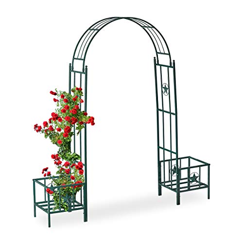 Relaxdays Arco per Rose con Fioriere, in Metallo, Resistente alle Intemperie, da Giardino, HLP 226 x 204 x 43 cm, Verde