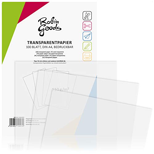 Robin Goods 100 fogli di carta trasparente premium DIN A4, 110 g   m², qualità eccellente, stampabile, carta per lavori manuali, carta da lucido, carta pergamena (100 fogli - trasparenti)
