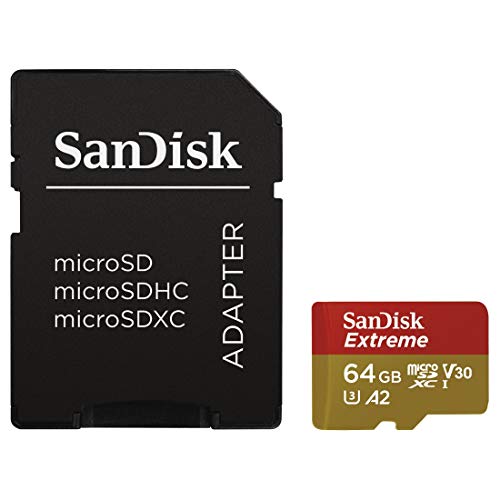 SanDisk Extreme microSDXC 64GB per Action Camera e Droni + Adattatore SD, Velocità di Lettura fino a 160 MB s, A2 C10 V30 UHS-I U3, SDSQXA2-064G-GN6AA