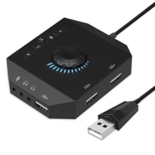 Scheda Audio USB, Scheda Audio Stereo USB Esterna con Hub USB, Jack Auricolari 3,5 mm Controllo Volume Equalizzatore per PC, Laptop, Tablet