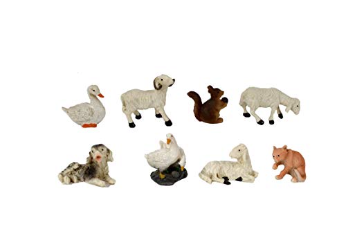 Set 8 Pezzi Animali da Cortile in Miniatura per Presepe 3 x h. 3 cm Fattoria in Resina Pecore Capre Gatto Cane Presepio Decorazioni Natalizie Paesaggio Scenario di Natale